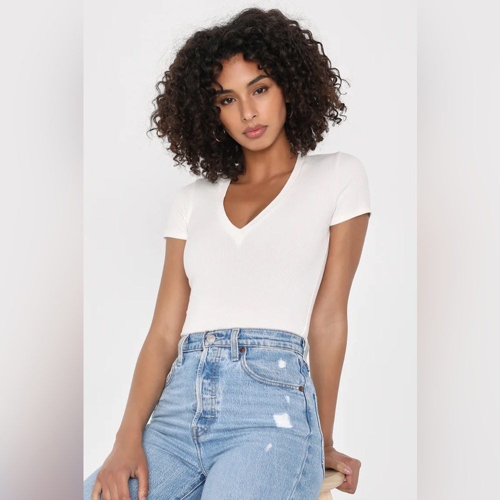 Lulu’s School Crush Ivory V-Neck Short Sleeve Bodysuit